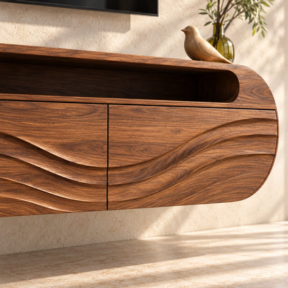Curved TV Stand with Wave-Carved Natural Solid Wood Storage in Four Sizes - Woodenecho - 5
