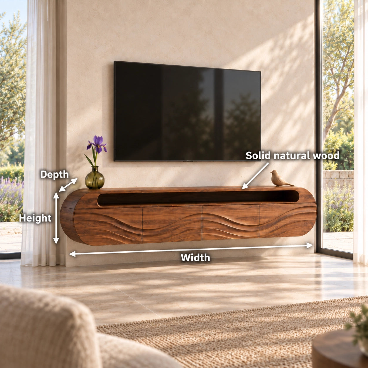 Curved TV Stand with Wave-Carved Natural Solid Wood Storage in Four Sizes - Woodenecho - 6