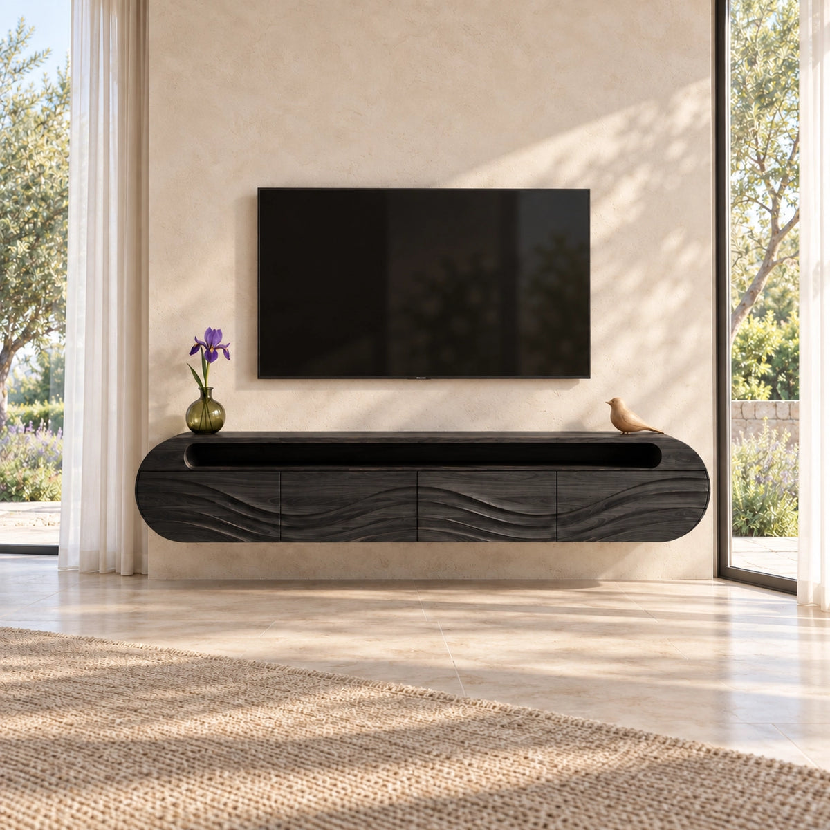 Curved TV Stand with Wave-Carved Natural Solid Wood Storage in Four Sizes - Woodenecho - 7