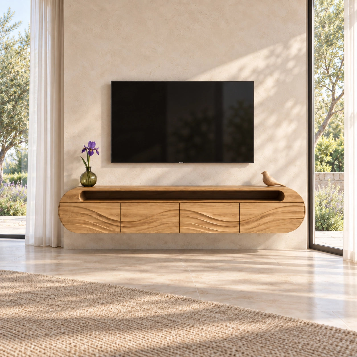 Curved TV Stand with Wave-Carved Natural Solid Wood Storage in Four Sizes - Woodenecho - 8