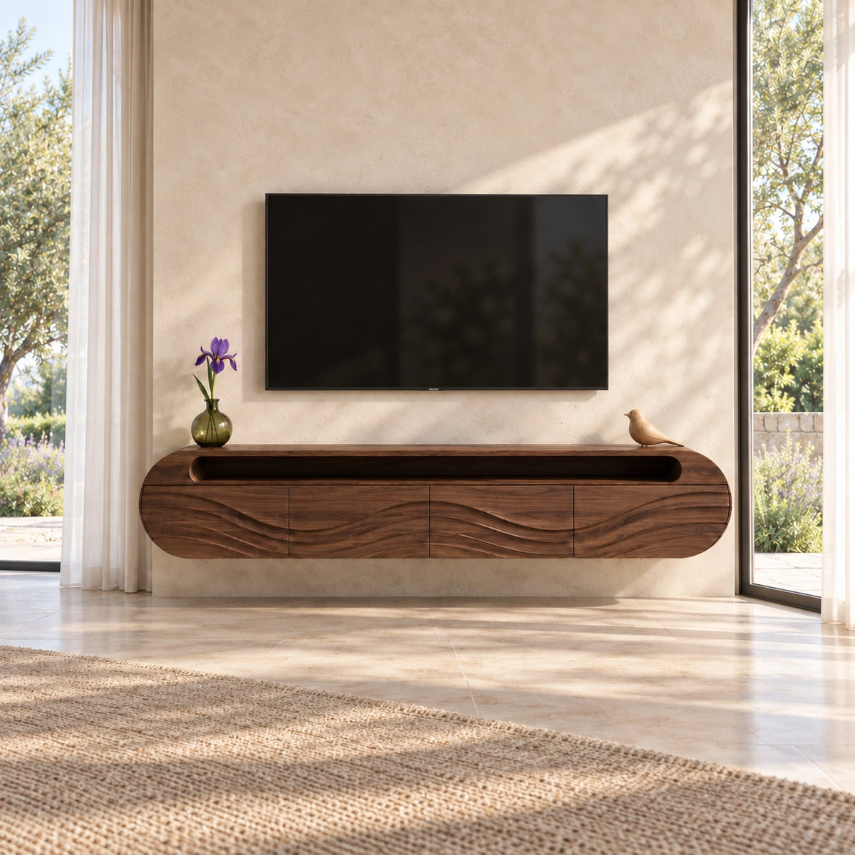 Curved TV Stand with Wave-Carved Natural Solid Wood Storage in Four Sizes - Woodenecho - 9
