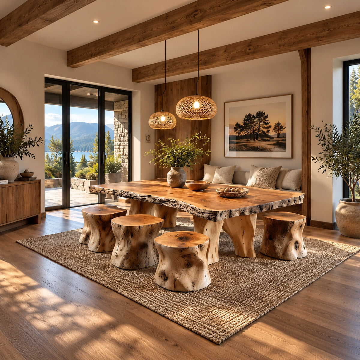 Dining room with live edge solid wood table and tree-stump stools