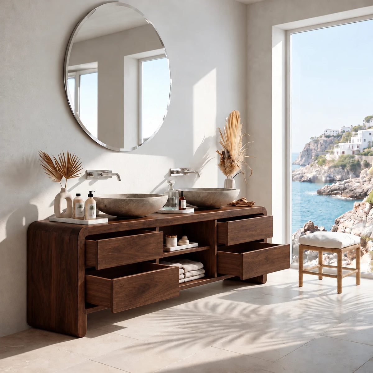 Double Sink Bathroom Vanity with Waterfall Ends, Twin Basins and Four Drawers - Woodenecho - 11