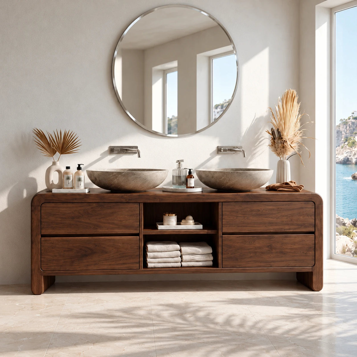 Double Sink Bathroom Vanity with Waterfall Ends, Twin Basins and Four Drawers - Woodenecho - 2