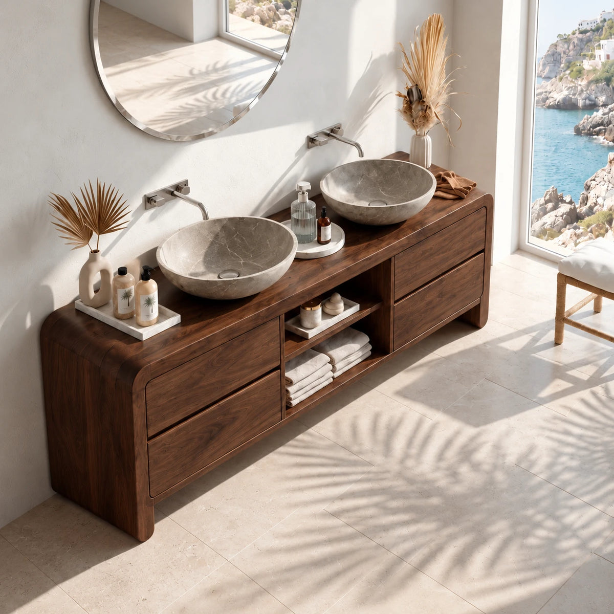 Double Sink Bathroom Vanity with Waterfall Ends, Twin Basins and Four Drawers - Woodenecho - 5