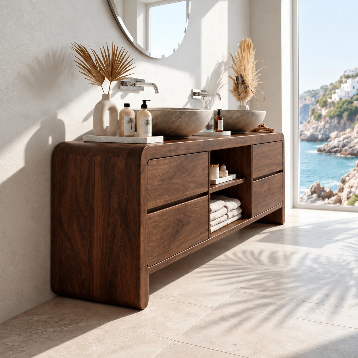 Double Sink Bathroom Vanity with Waterfall Ends, Twin Basins and Four Drawers - Woodenecho - 6