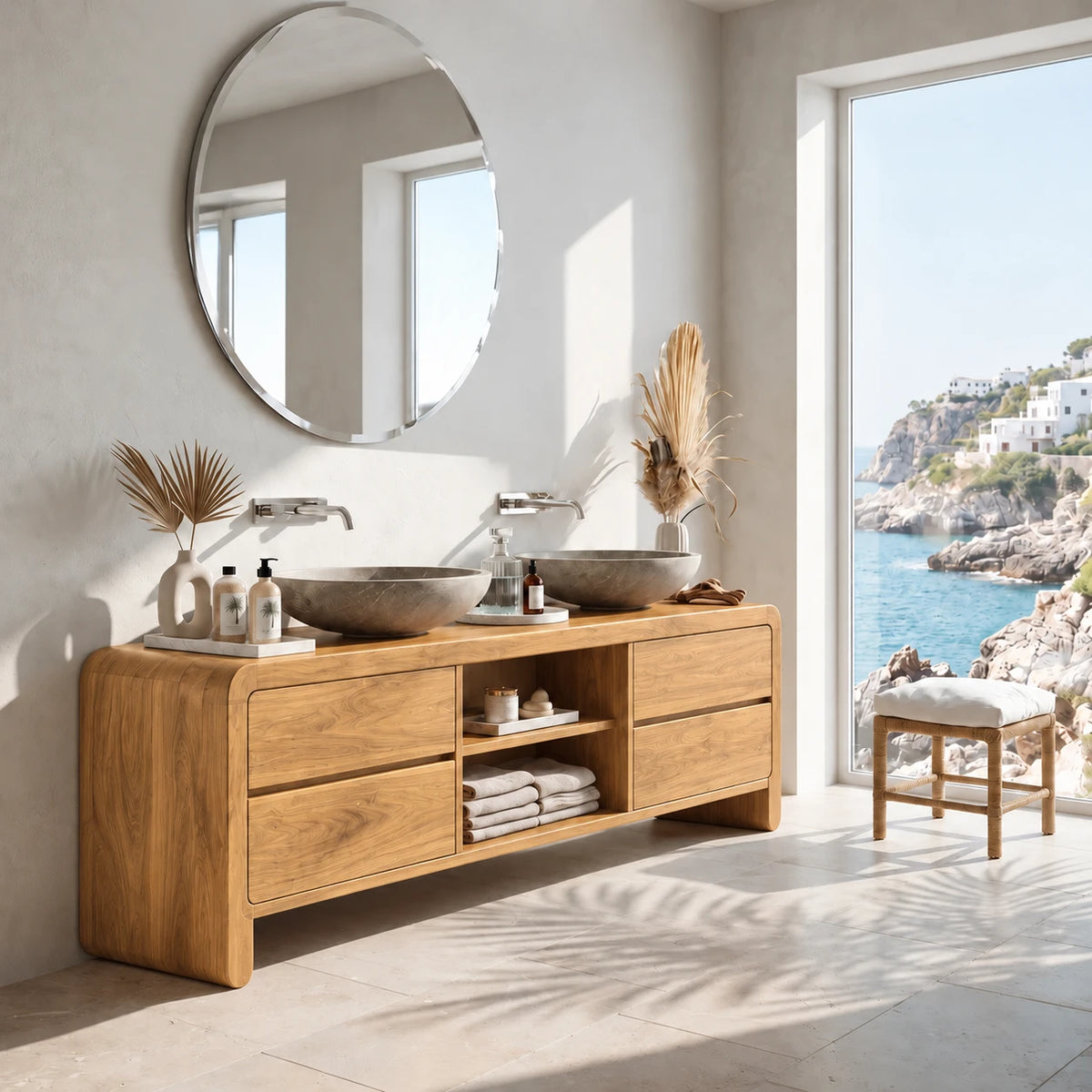 Double Sink Bathroom Vanity with Waterfall Ends, Twin Basins and Four Drawers - Woodenecho - 7