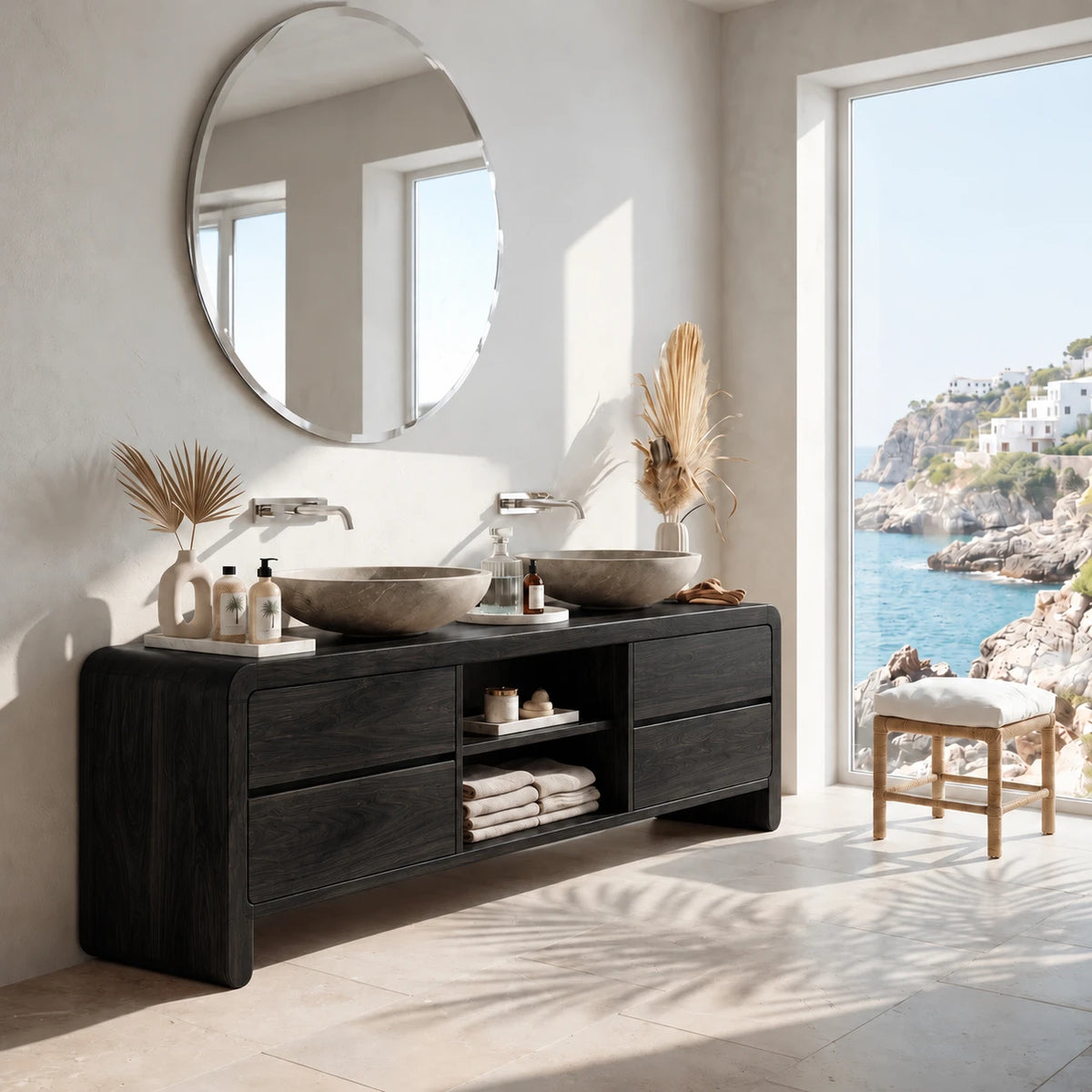 Double Sink Bathroom Vanity with Waterfall Ends, Twin Basins and Four Drawers - Woodenecho - 9