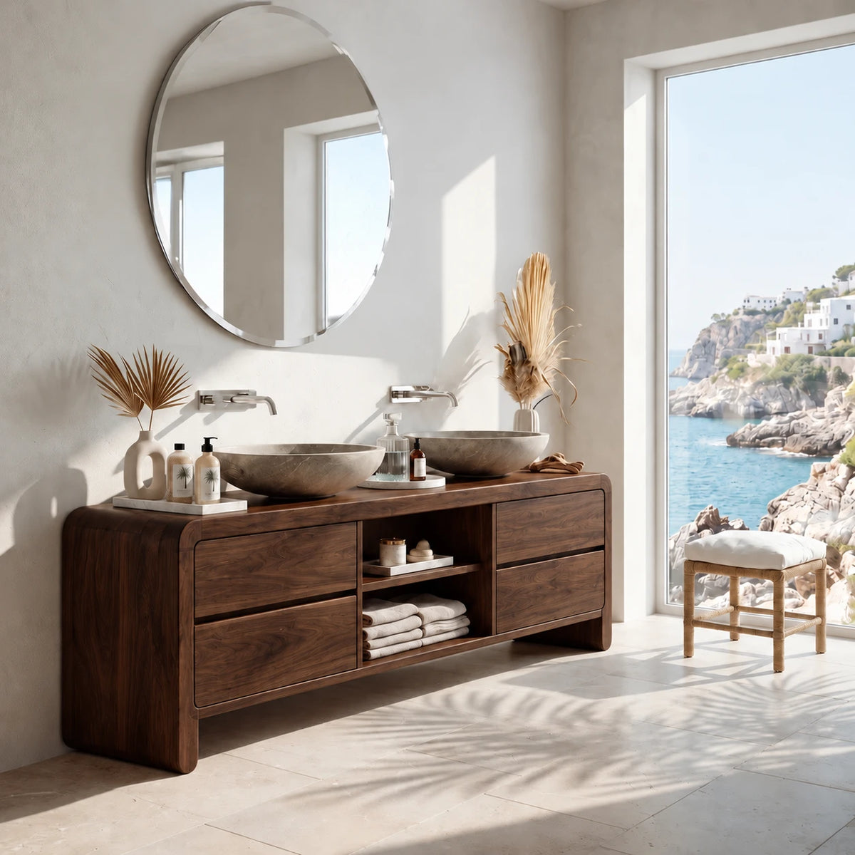 Double Sink Bathroom Vanity with Waterfall Ends, Twin Basins and Four Drawers - Woodenecho