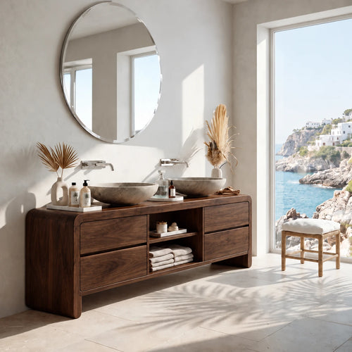 Double Sink Bathroom Vanity with Waterfall Ends, Twin Basins and Four Drawers - Woodenecho