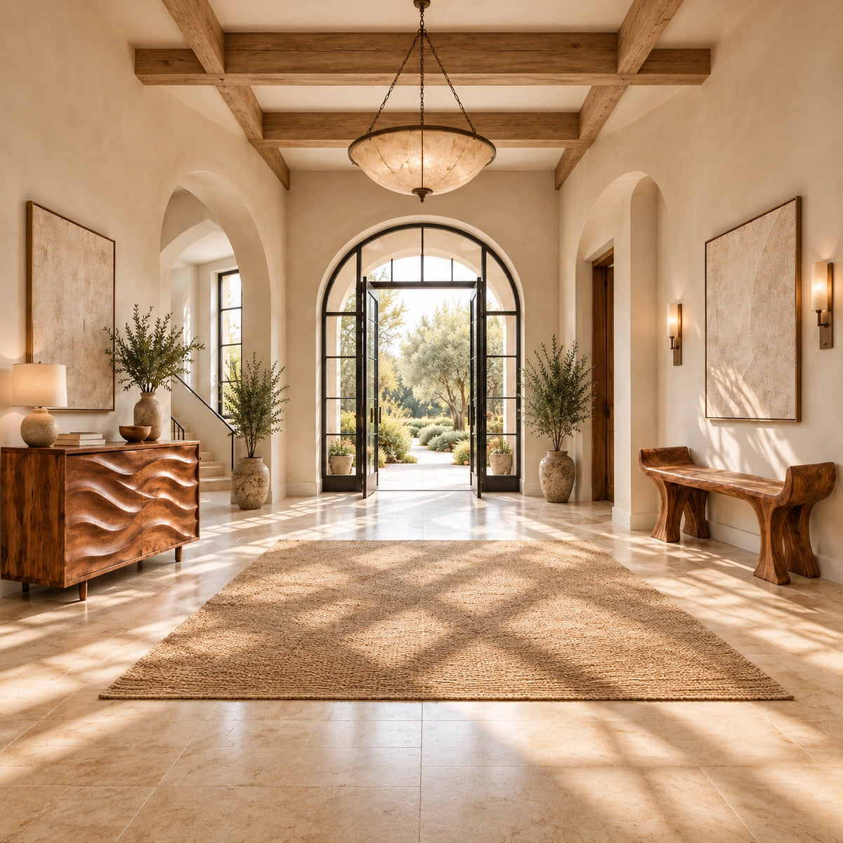 Bright entryway with carved solid wood console cabinet and wooden bench