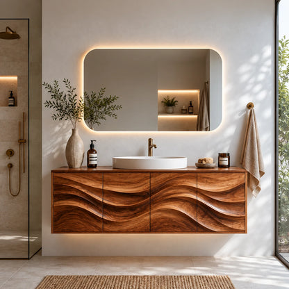 Floating Bathroom Vanity with Four Carved Wave Panels and Slab-Top Vessel Sink - Woodenecho - 10