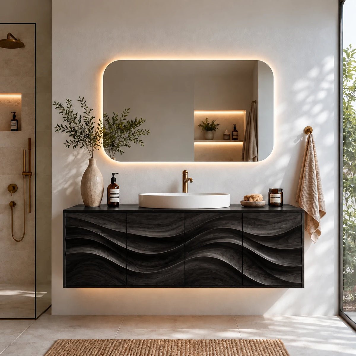 Floating Bathroom Vanity with Four Carved Wave Panels and Slab-Top Vessel Sink - Woodenecho - 11
