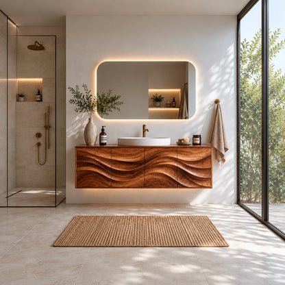 Floating Bathroom Vanity with Four Carved Wave Panels and Slab-Top Vessel Sink - Woodenecho - 2