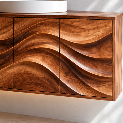 Floating Bathroom Vanity with Four Carved Wave Panels and Slab-Top Vessel Sink - Woodenecho - 3