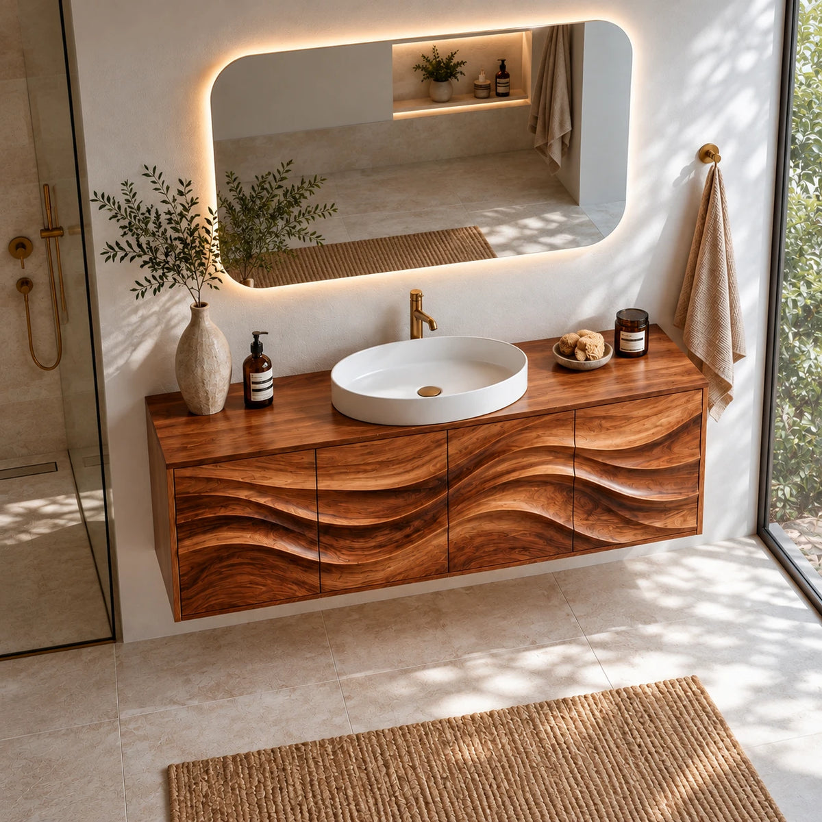 Floating Bathroom Vanity with Four Carved Wave Panels and Slab-Top Vessel Sink - Woodenecho - 4