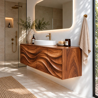 Floating Bathroom Vanity with Four Carved Wave Panels and Slab-Top Vessel Sink - Woodenecho - 5