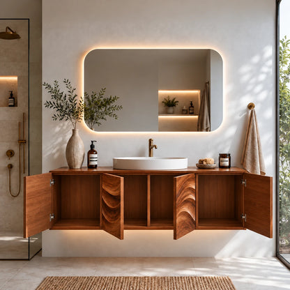 Floating Bathroom Vanity with Four Carved Wave Panels and Slab-Top Vessel Sink - Woodenecho - 6