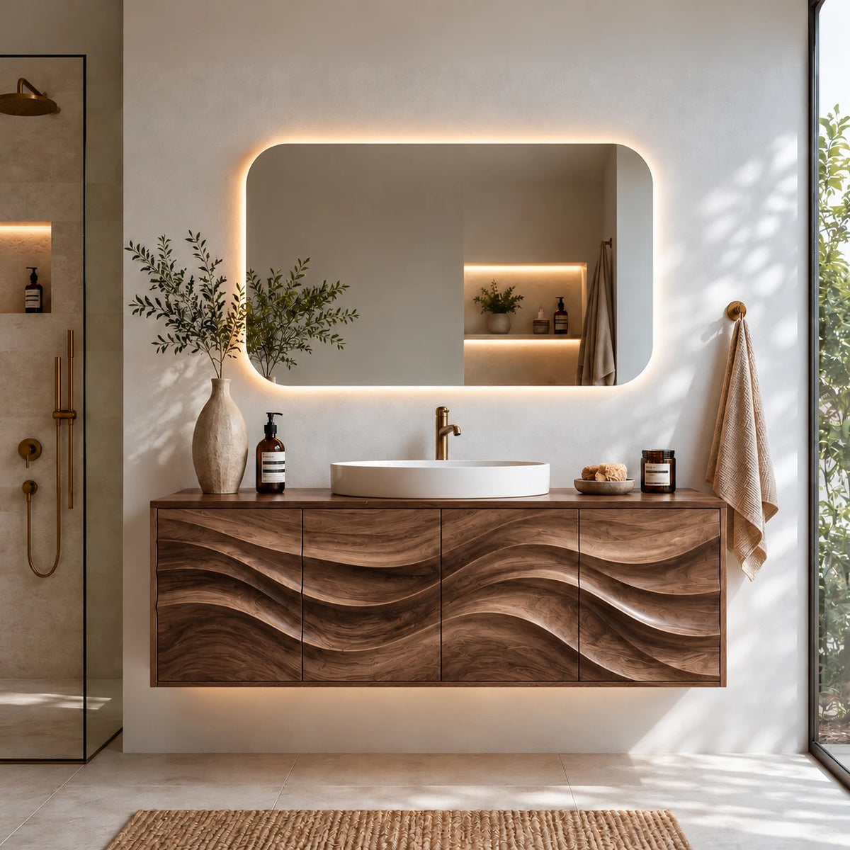 Floating Bathroom Vanity with Four Carved Wave Panels and Slab-Top Vessel Sink - Woodenecho - 8