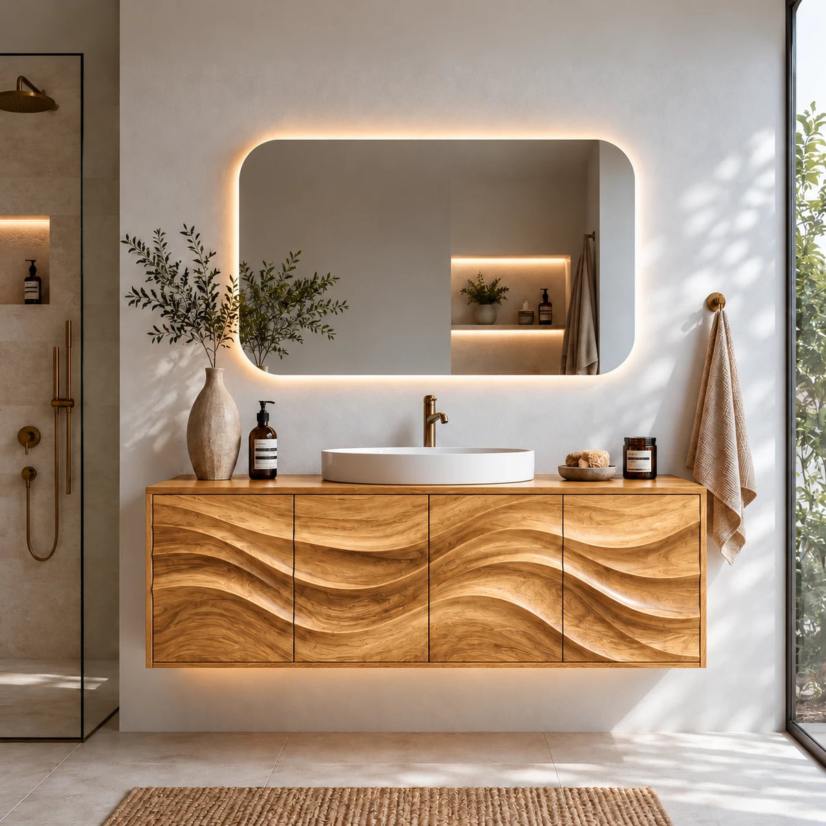 Floating Bathroom Vanity with Four Carved Wave Panels and Slab-Top Vessel Sink - Woodenecho - 9
