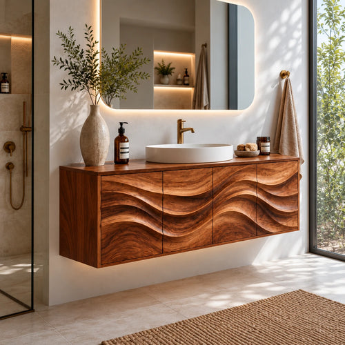 Floating Bathroom Vanity with Four Carved Wave Panels and Slab-Top Vessel Sink - Woodenecho