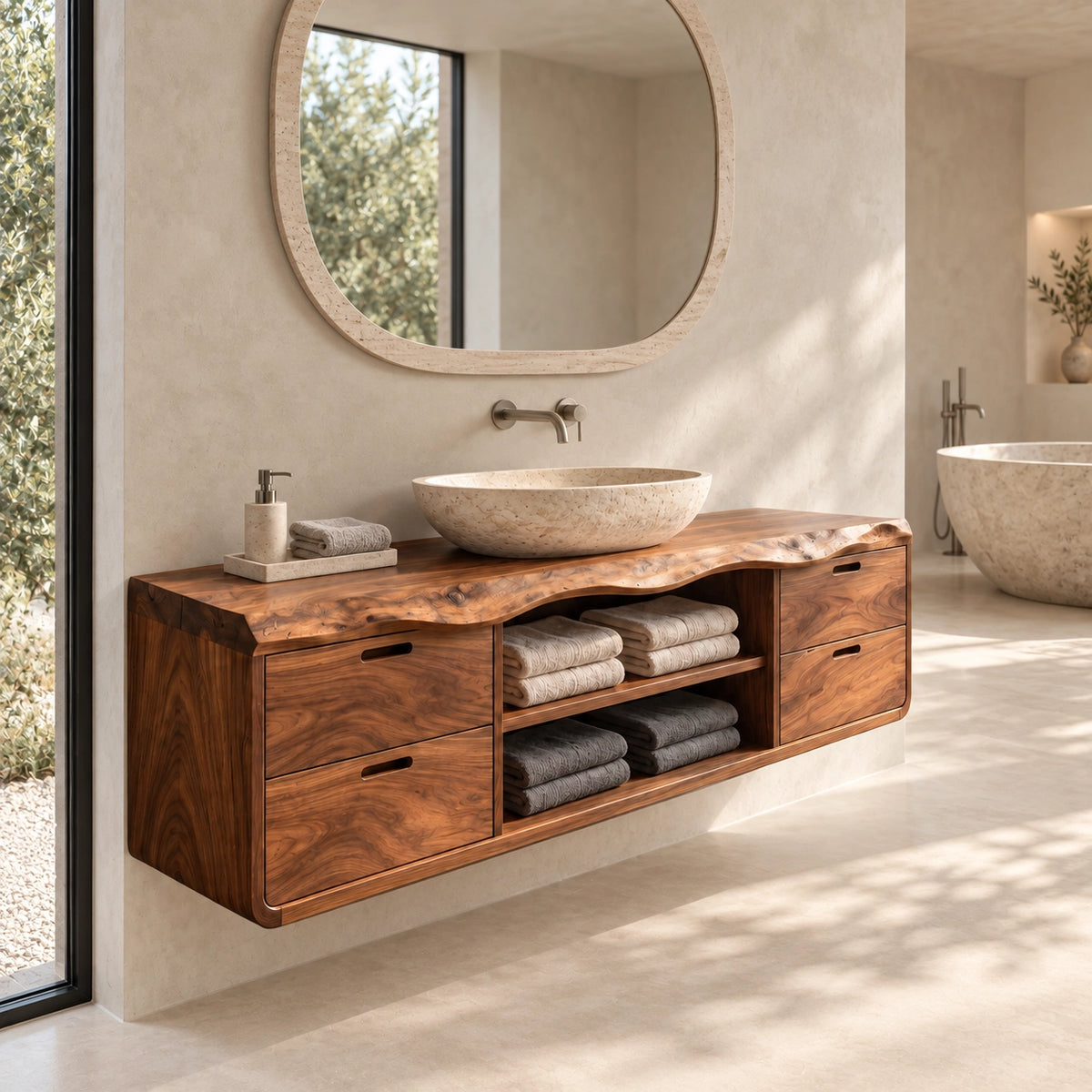 Floating Bathroom Vanity with Four Drawers and Open Shelving Storage - Woodenecho - 1