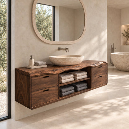 Floating Bathroom Vanity with Four Drawers and Open Shelving Storage - Woodenecho - 10