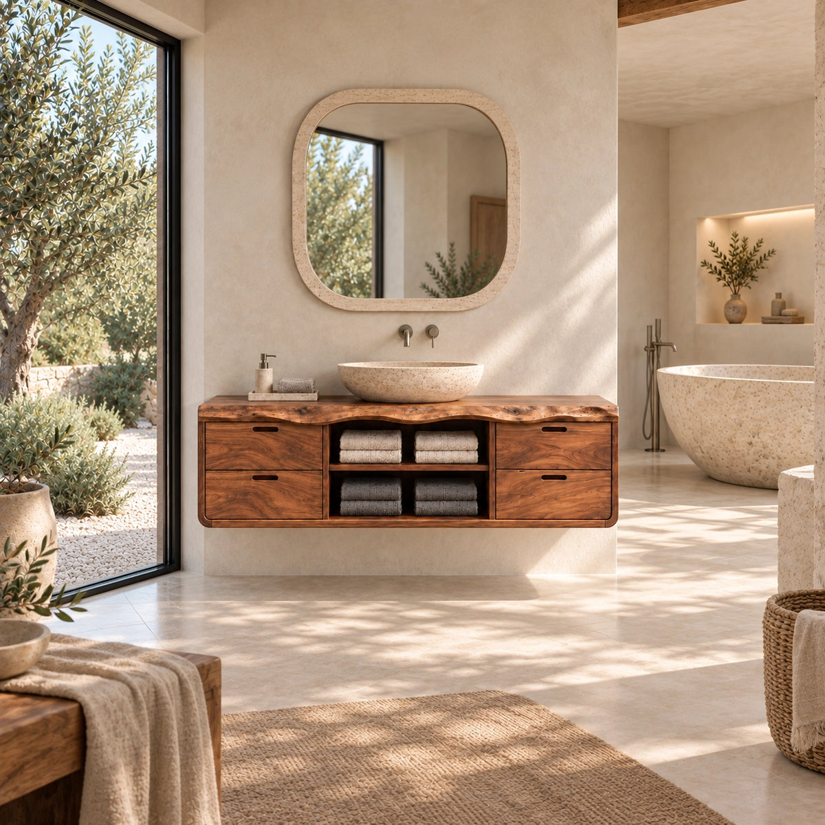 Floating Bathroom Vanity with Four Drawers and Open Shelving Storage - Woodenecho - 2