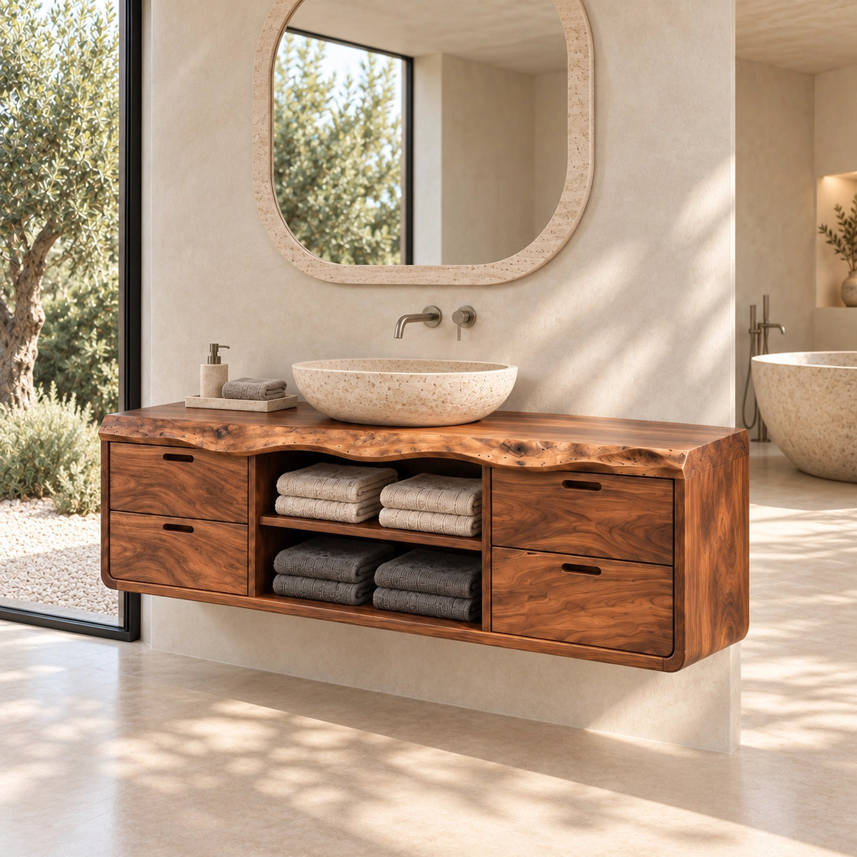 Floating Bathroom Vanity with Four Drawers and Open Shelving Storage - Woodenecho - 3