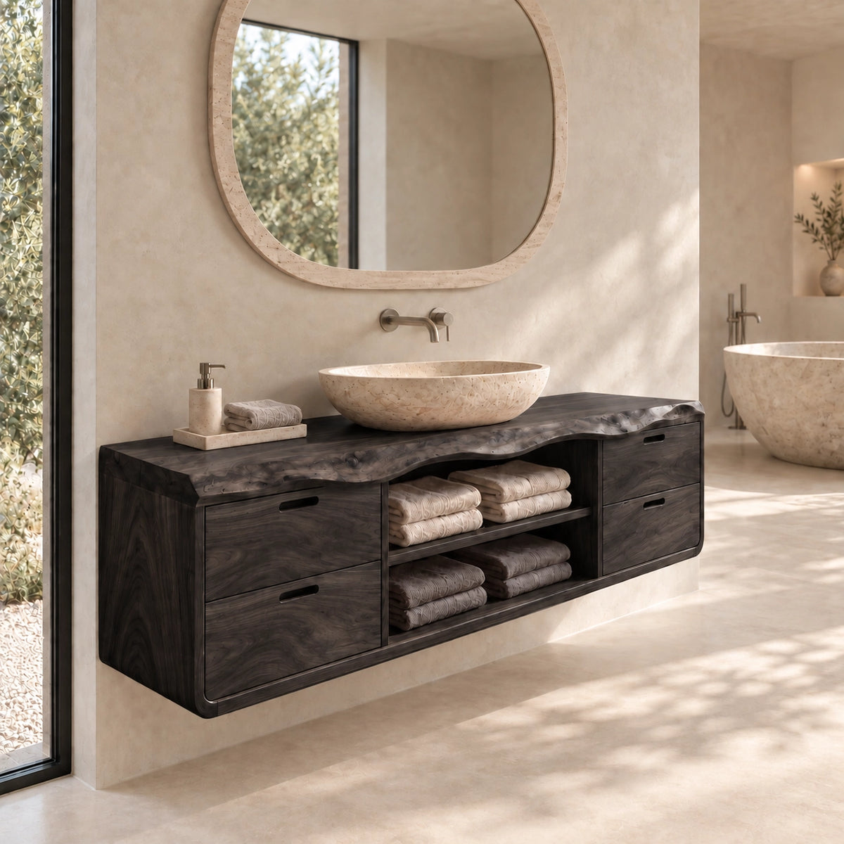 Floating Bathroom Vanity with Four Drawers and Open Shelving Storage - Woodenecho - 8