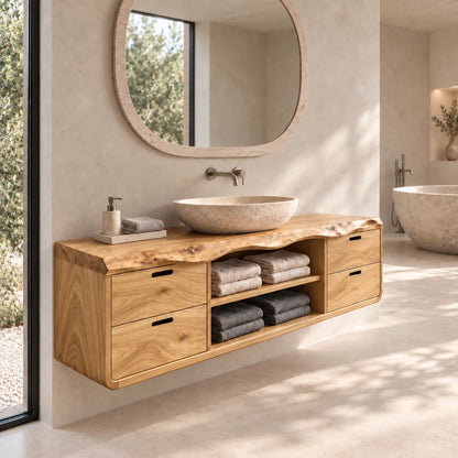 Floating Bathroom Vanity with Four Drawers and Open Shelving Storage - Woodenecho - 9