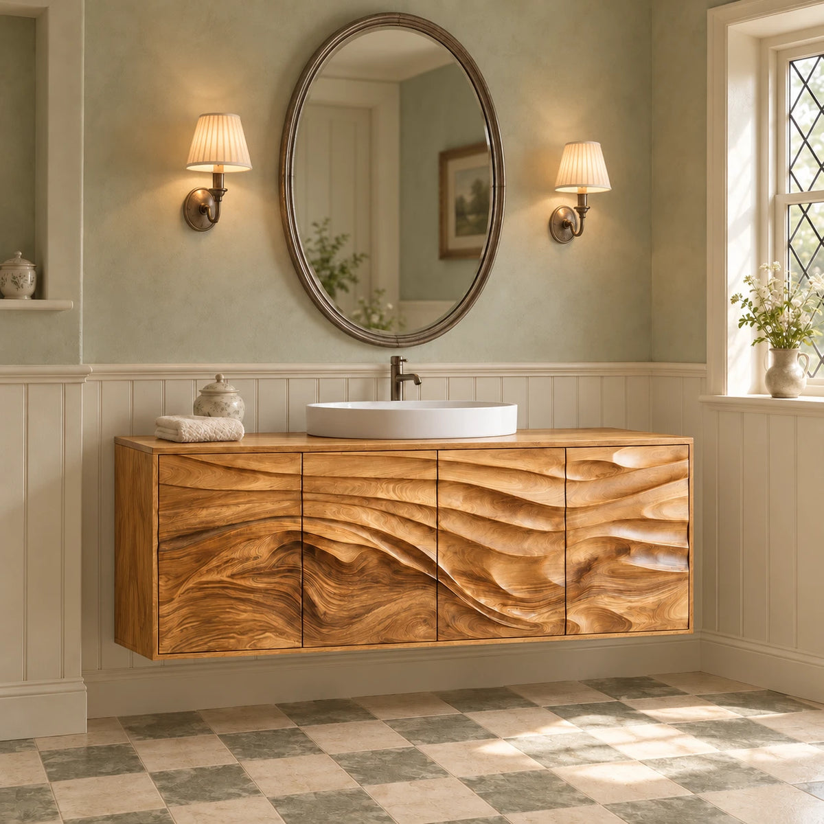 Floating Bathroom Vanity with Four Wave-Carved Doors and Round Vessel Basin - Woodenecho - 10