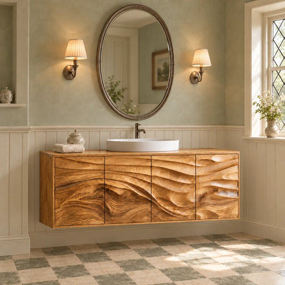 Floating Bathroom Vanity with Four Wave-Carved Doors and Round Vessel Basin - Woodenecho - 10