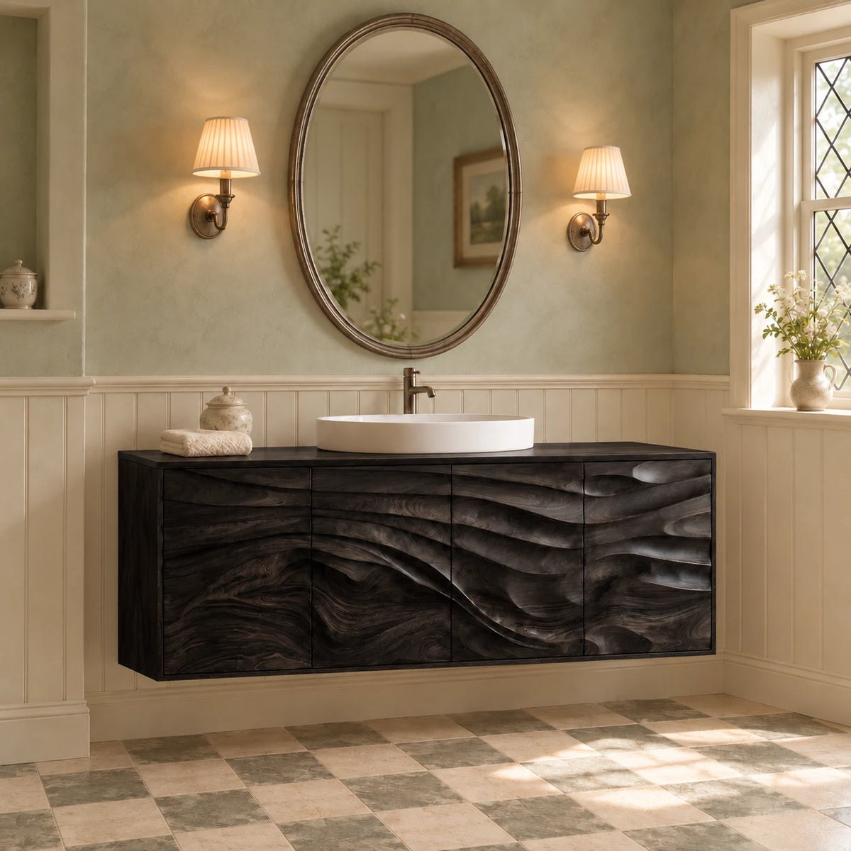 Floating Bathroom Vanity with Four Wave-Carved Doors and Round Vessel Basin - Woodenecho - 11