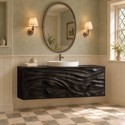 Floating Bathroom Vanity with Four Wave-Carved Doors and Round Vessel Basin - Woodenecho - 11