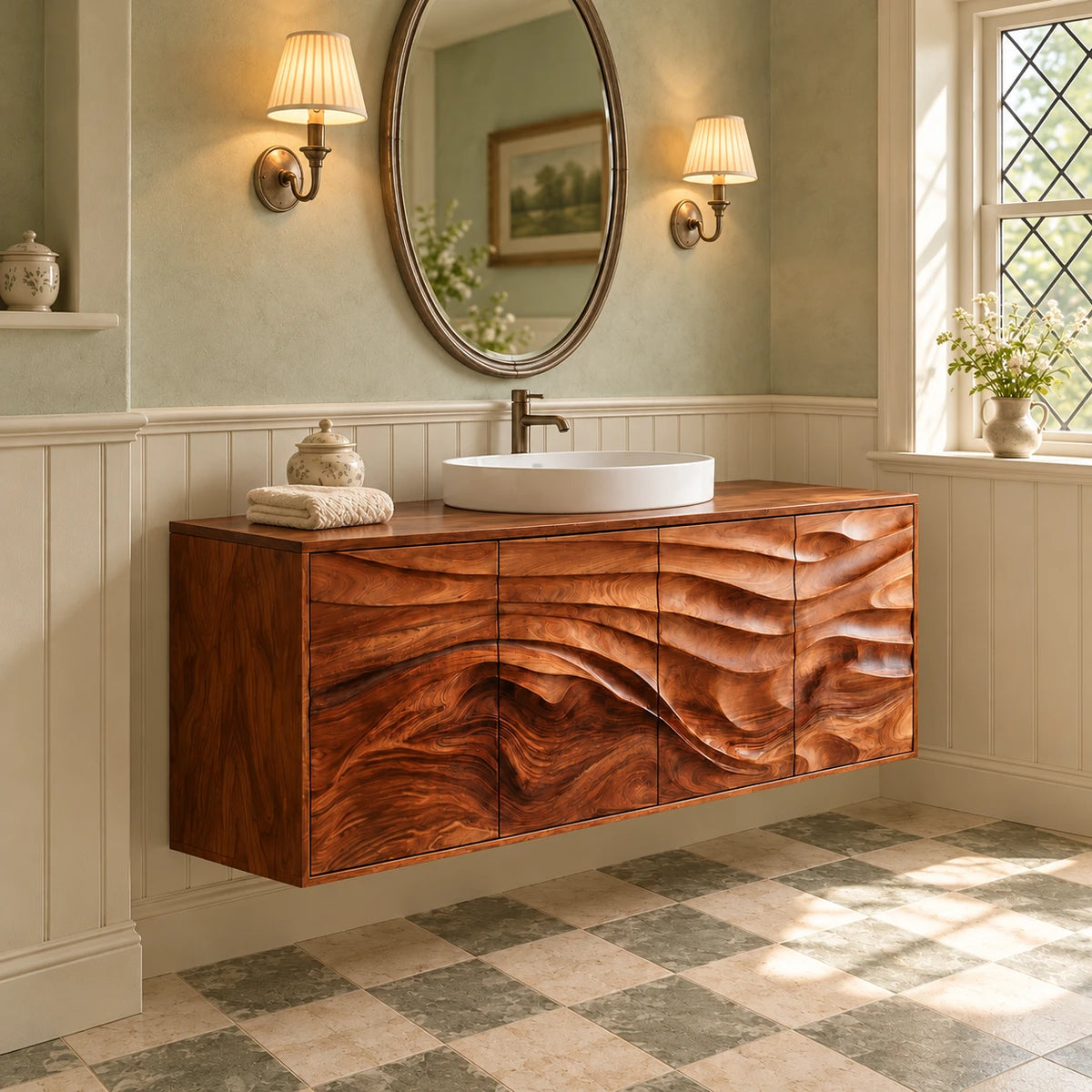Floating Bathroom Vanity with Four Wave-Carved Doors and Round Vessel Basin - Woodenecho - 2