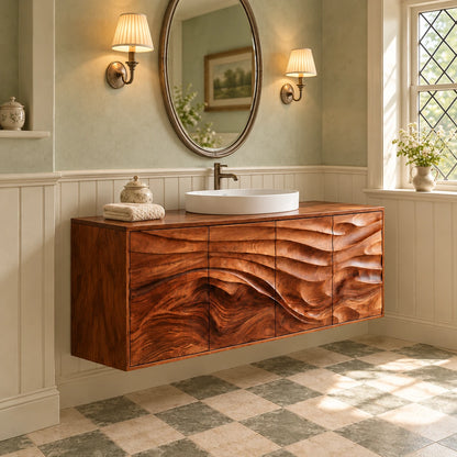 Floating Bathroom Vanity with Four Wave-Carved Doors and Round Vessel Basin - Woodenecho - 2