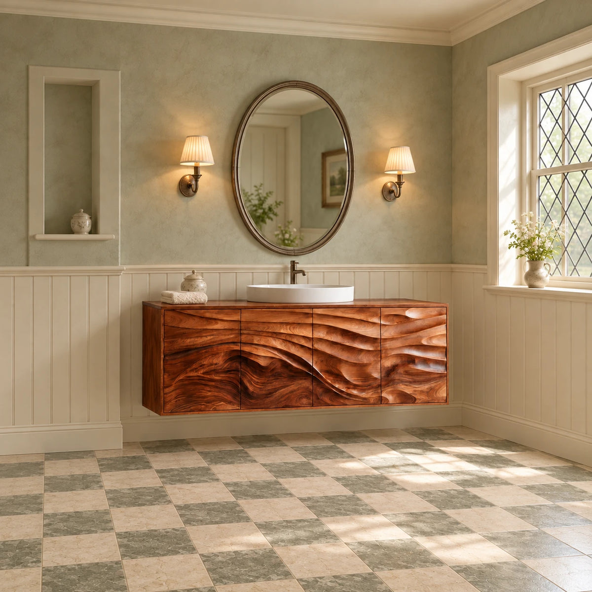 Floating Bathroom Vanity with Four Wave-Carved Doors and Round Vessel Basin - Woodenecho - 3