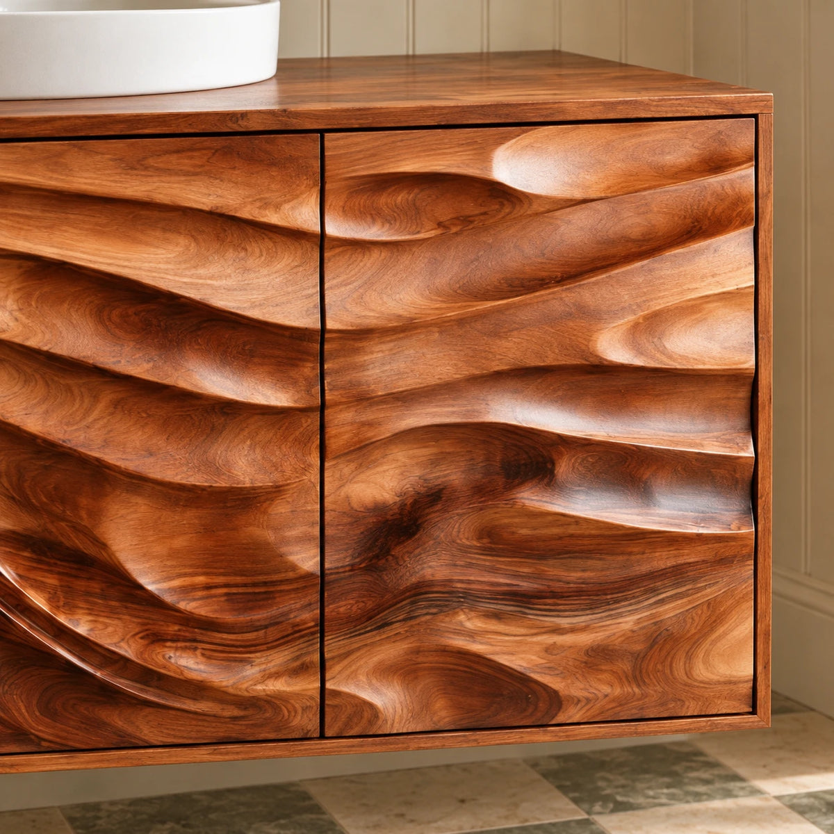 Floating Bathroom Vanity with Four Wave-Carved Doors and Round Vessel Basin - Woodenecho - 4
