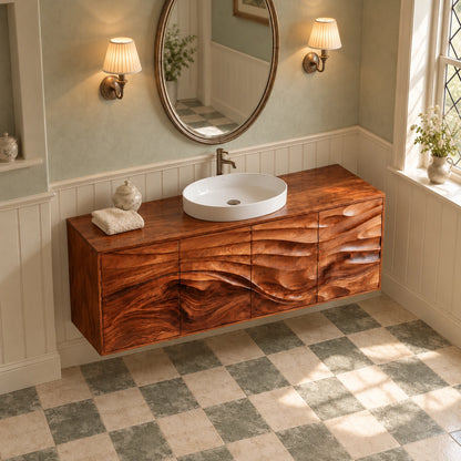 Floating Bathroom Vanity with Four Wave-Carved Doors and Round Vessel Basin - Woodenecho - 5