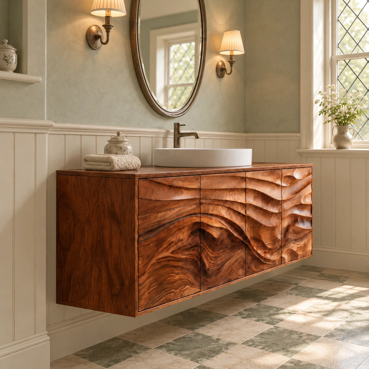 Floating Bathroom Vanity with Four Wave-Carved Doors and Round Vessel Basin - Woodenecho - 6