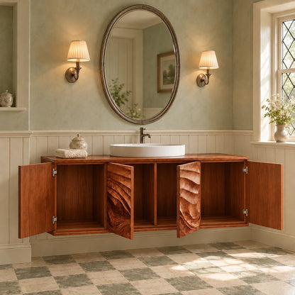 Floating Bathroom Vanity with Four Wave-Carved Doors and Round Vessel Basin - Woodenecho - 7