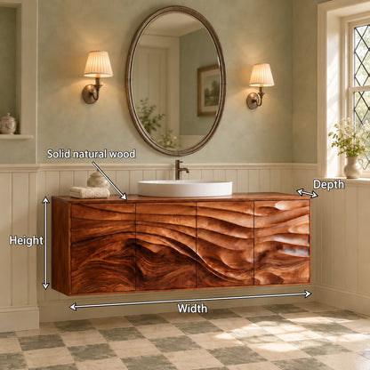 Floating Bathroom Vanity with Four Wave-Carved Doors and Round Vessel Basin - Woodenecho - 8