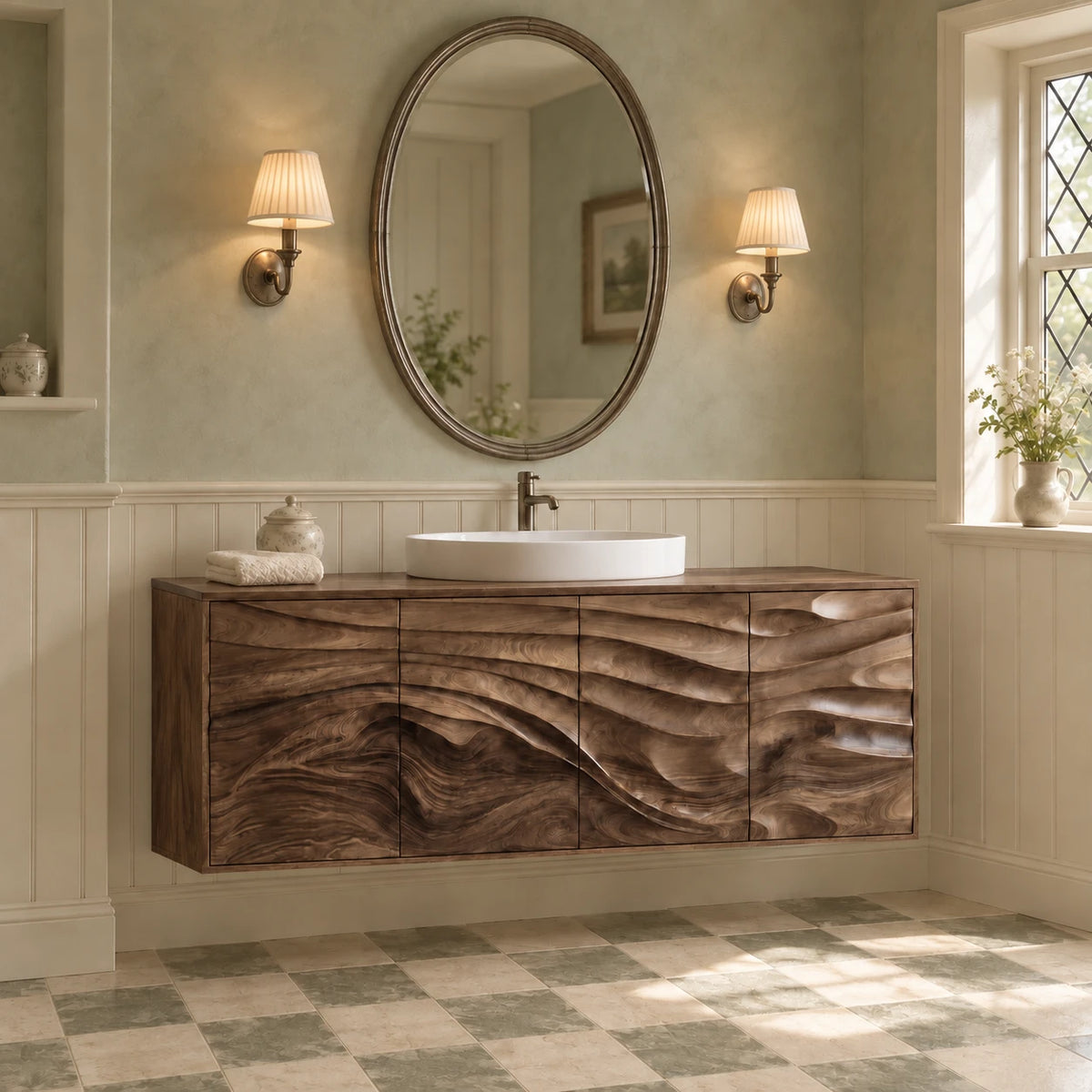 Floating Bathroom Vanity with Four Wave-Carved Doors and Round Vessel Basin - Woodenecho - 9