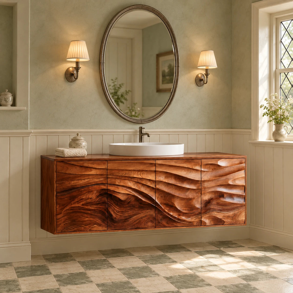 Floating Bathroom Vanity with Four Wave-Carved Doors and Round Vessel Basin - Woodenecho