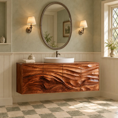 Floating Bathroom Vanity with Four Wave-Carved Doors and Round Vessel Basin - Woodenecho