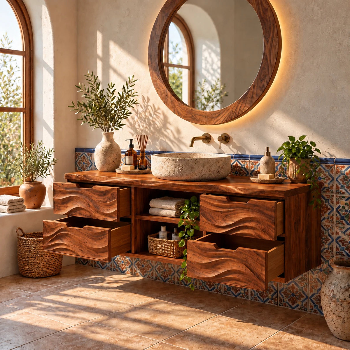 Floating Bathroom Vanity with Four Wave-Carved Drawers and Open Niches - Woodenecho - 10