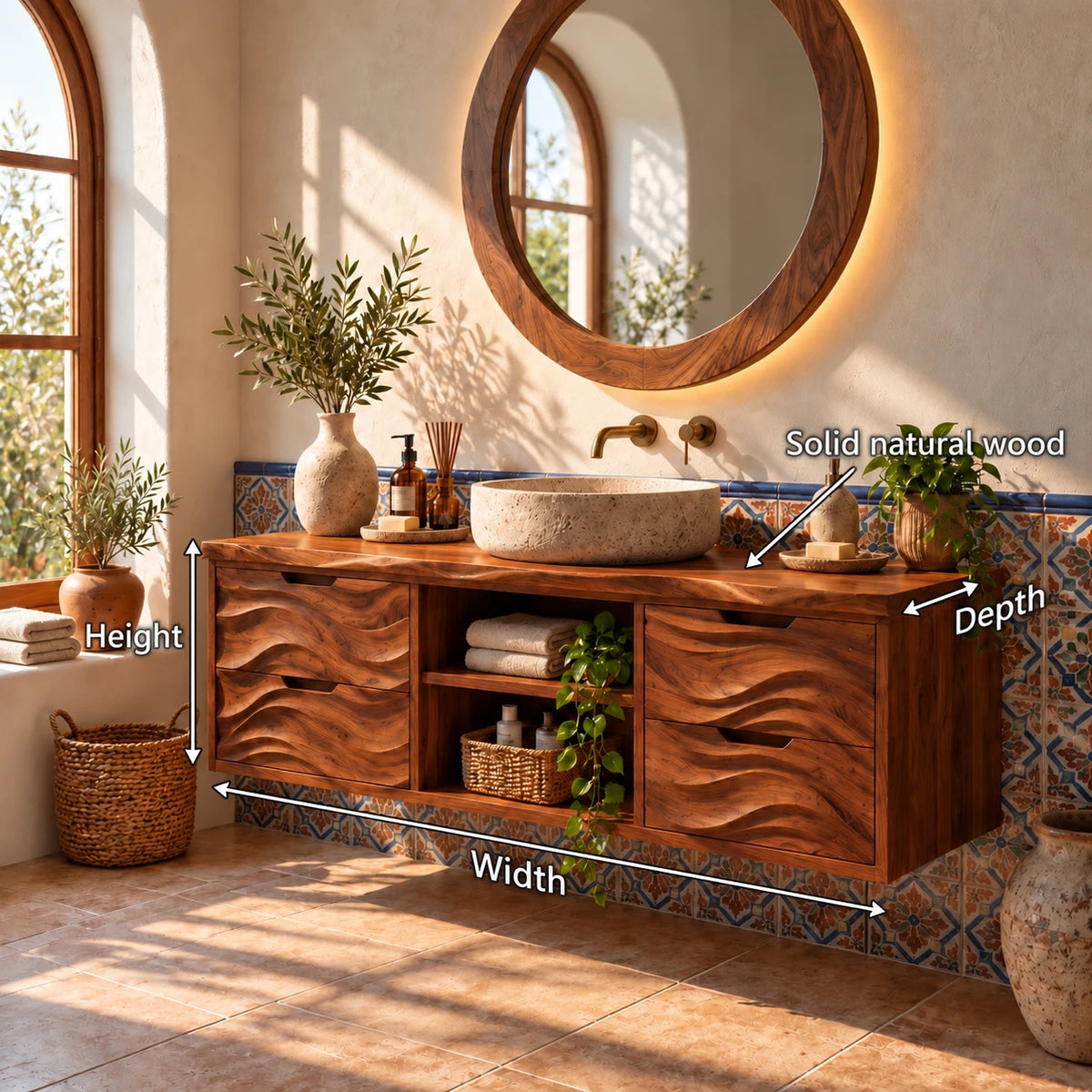 Floating Bathroom Vanity with Four Wave-Carved Drawers and Open Niches - Woodenecho - 11