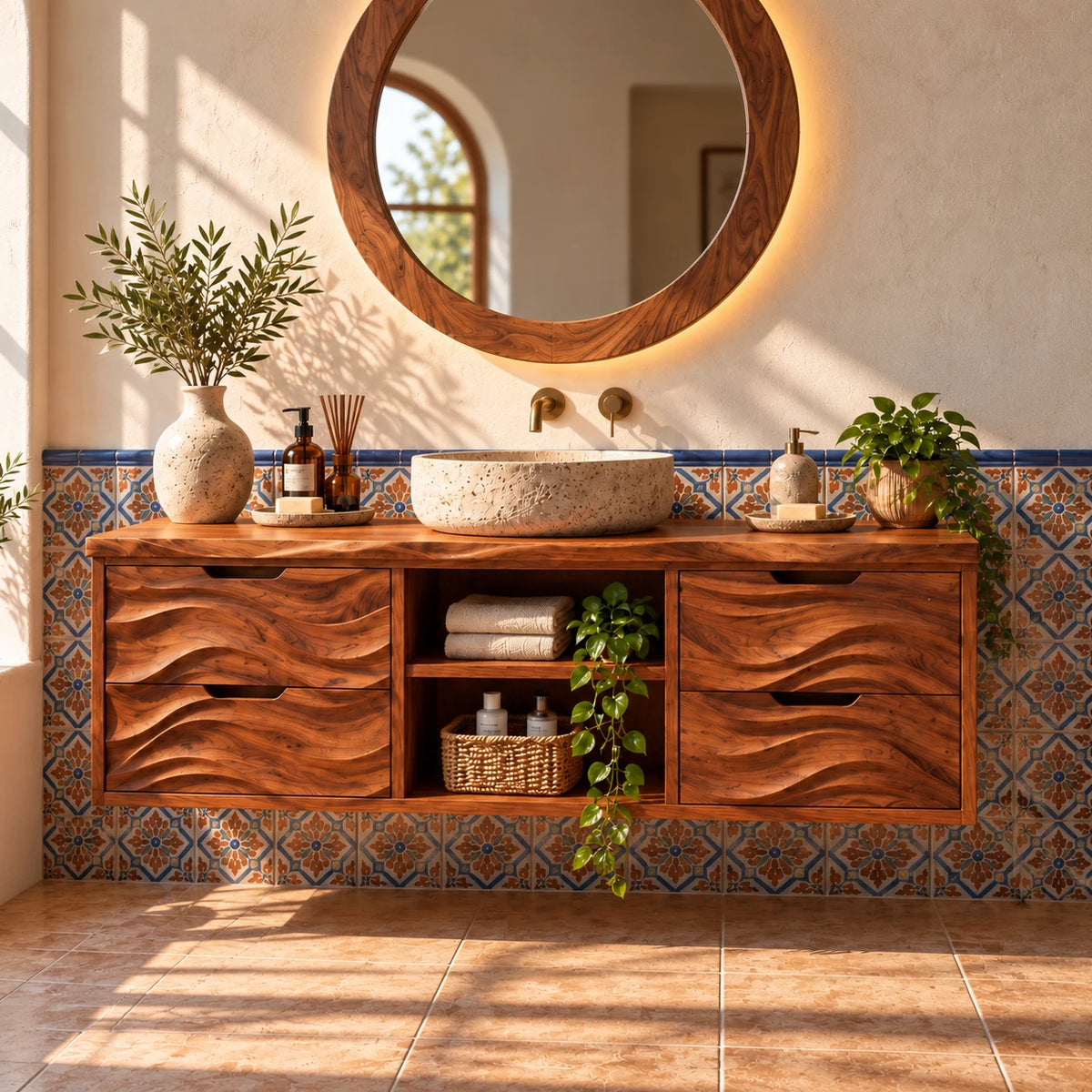 Floating Bathroom Vanity with Four Wave-Carved Drawers and Open Niches - Woodenecho - 2