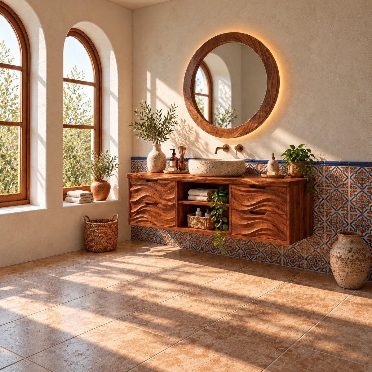 Floating Bathroom Vanity with Four Wave-Carved Drawers and Open Niches - Woodenecho - 3